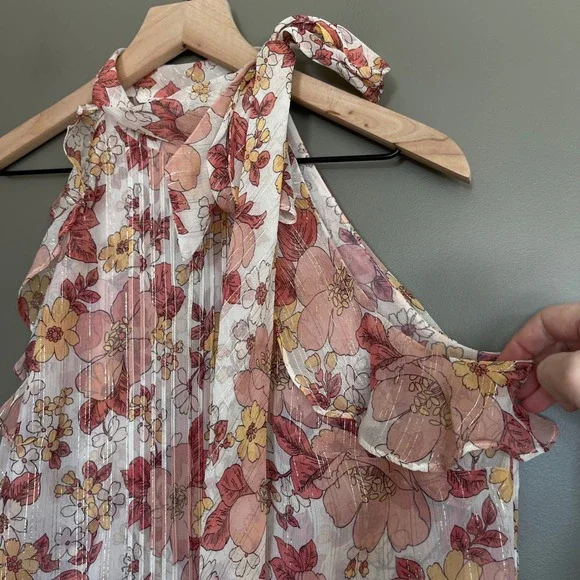 VERONICA BEARD Dali Top Floral Silk Sz 6 Pink Metallic Tie Neck Sleeveless Bouse - Picture 8 of 14